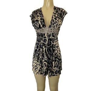 SKY Dress V neck Cap sleeve Jersey Mini Flare Tunic Animal Print Silk Cr…
